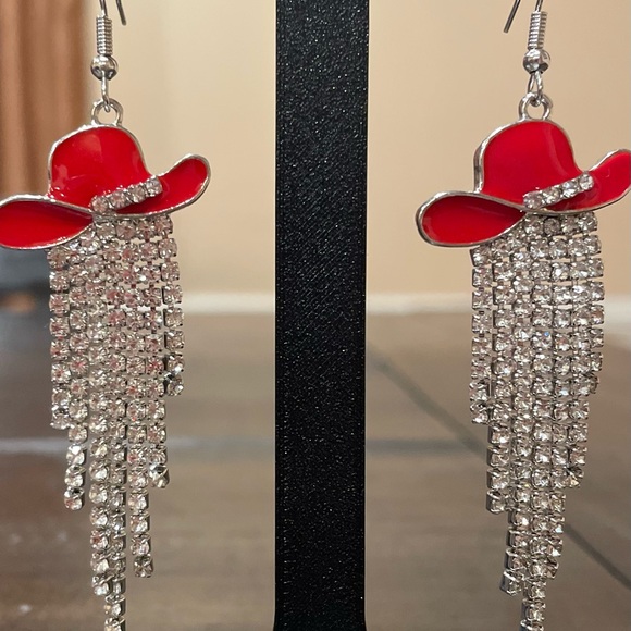 Jewelry - Red Cowboy Hat Dangle Rhinestone Earrings